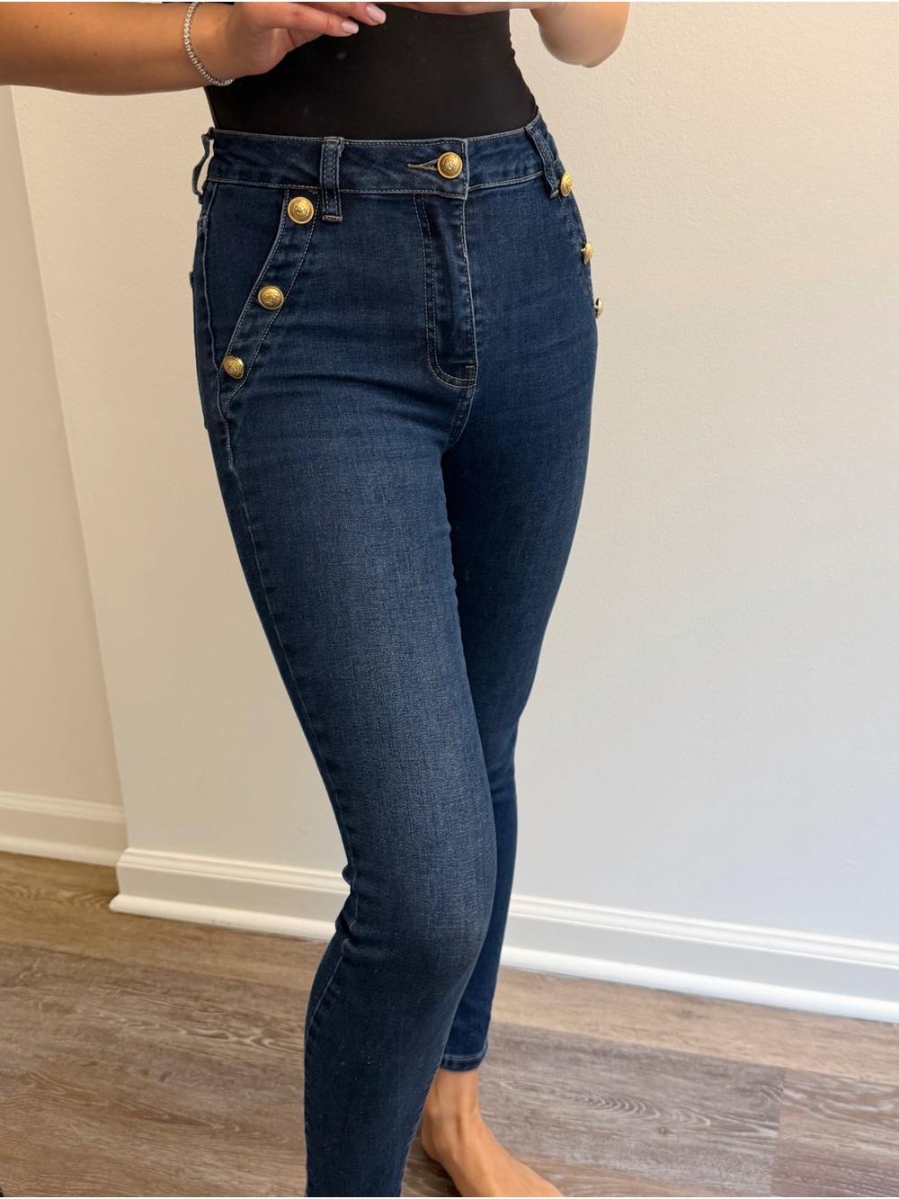 High-Rise Navy Button-Accent Women’s Jeans